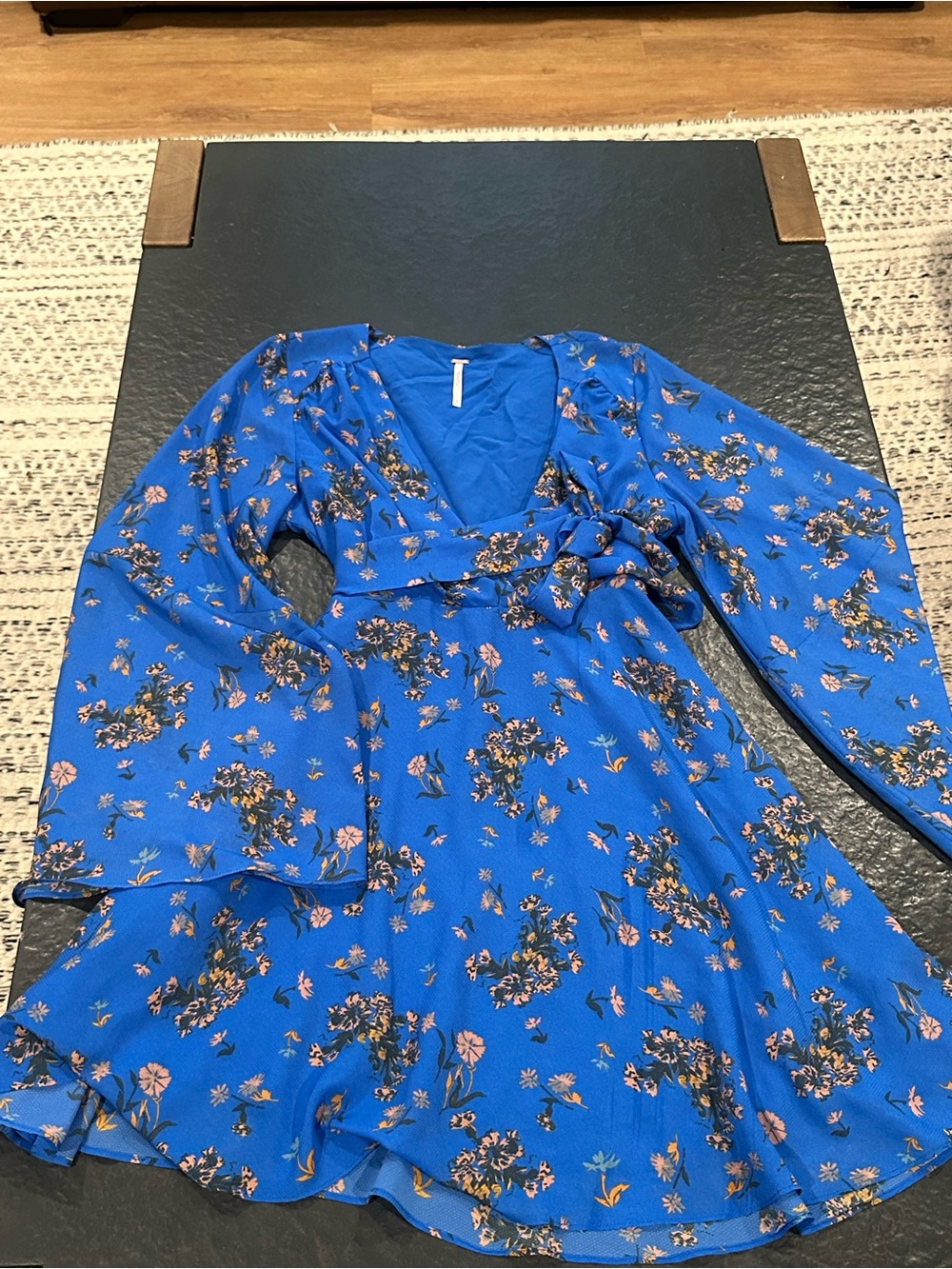 Free People Lilou Cobalt Blue Floral Flutter Belle Sleeve Chiffon Swing Dress - Picture 3 of 10